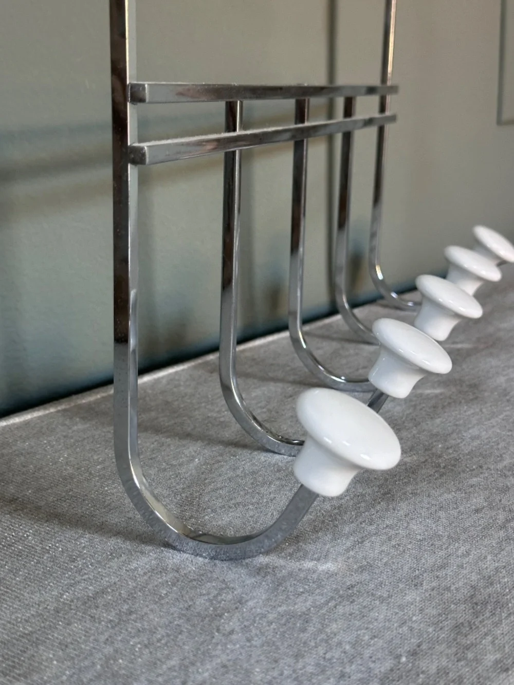 Container Store: Chrome 5-Hook Over-the-Door Rack with White Ceramic Knobs